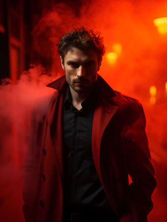 Handsome young man in a red raincoat on a dark background with red smoke.の素材