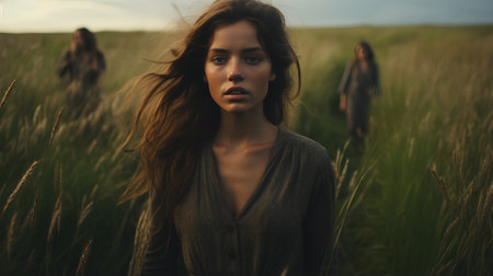 Beautiful young woman with long hair walking in the wheat field.の素材