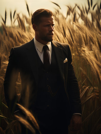 Portrait of a handsome man in a suit on a wheat field.の素材