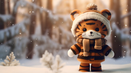 Tiger in winter forest. Cute little tiger in warm clothes.の素材