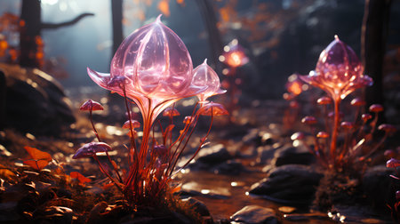 Fantasy forest with magic glowing flowers. 3D illustration. Fantasy forest.の素材