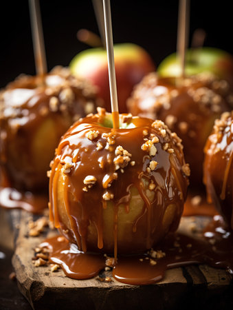 Homemade caramel apples with nuts on wooden background. Selective focus.の素材