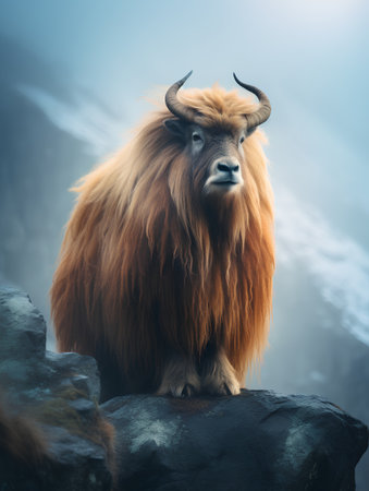 Yak sitting on a rock in the mountains. Toned.の素材