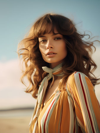 Portrait of beautiful young woman with flying hair on the beach.の素材