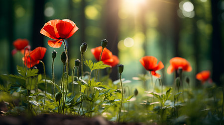 Red poppies in the forest. Beautiful nature scene with blooming flowers.の素材