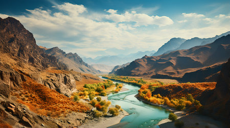 Colorful autumn landscape with river and high mountains. Artistic style.の素材