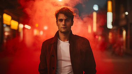 Portrait of a handsome young man with red smoke in the city.の素材