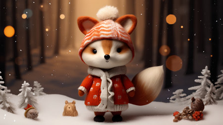 Cute fox in a warm knitted hat and scarf in the winter forest.の素材