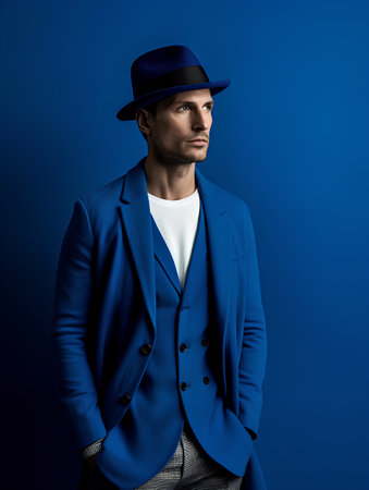 Portrait of a handsome man in a blue jacket and hat. Men's beauty, fashion.の素材