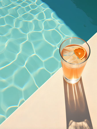 Glass of orange juice on the edge of a swimming pool. 3d renderingの素材