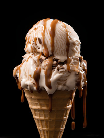 Vanilla ice cream with caramel sauce in waffle cone on black backgroundの素材