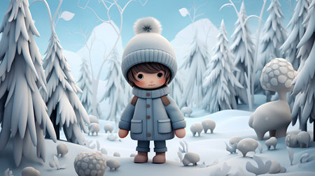 Cute little girl in winter forest. 3D illustration. Cartoon style.の素材