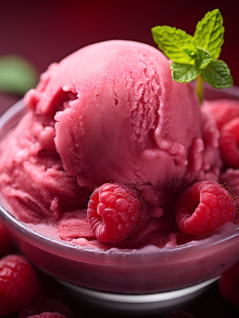 Raspberry ice cream in a glass bowl on a red background. Selective focus.の素材