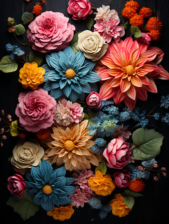 Colorful flowers on black wooden background. Flat lay, top viewの素材