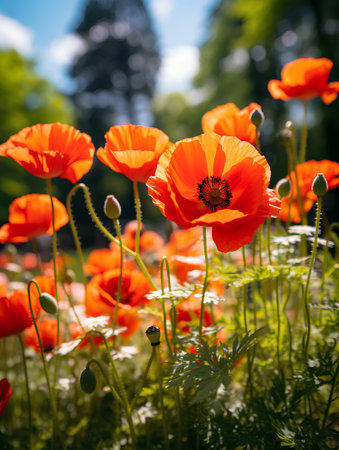 Red poppies in the park. Soft focus, shallow DOF.の素材