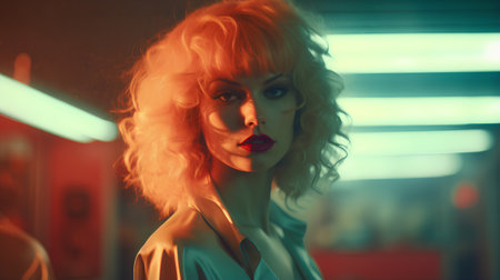 Portrait of a beautiful woman with red lips and curly hair.の素材