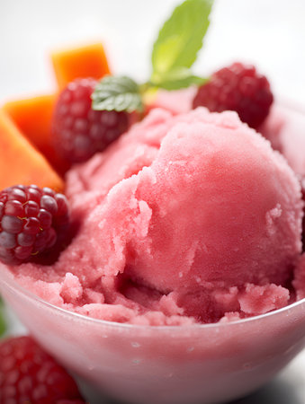 Frozen fruit sorbet with fresh raspberries and melonの素材
