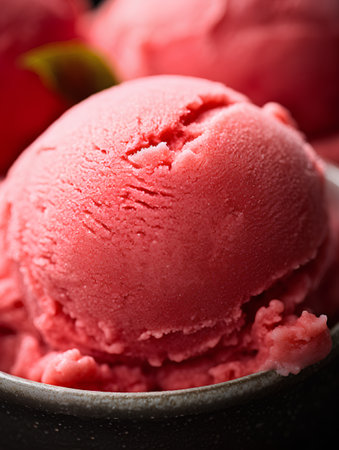 Strawberry ice cream in bowl on wooden table, closeupの素材