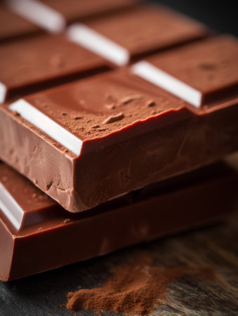 Chocolate bars and cocoa powder on wooden background. Selective focus.の素材