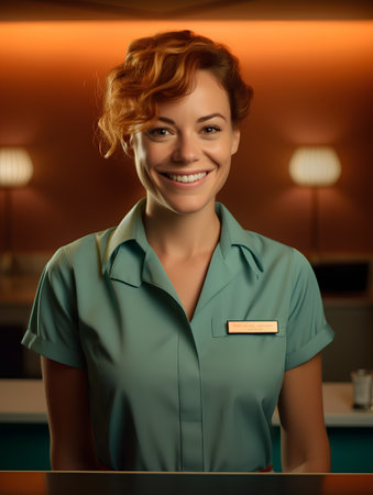 Portrait of a smiling waitress at the counter in a restaurant.の素材