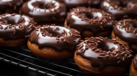 Chocolate donuts with chocolate glaze on a black background.の素材