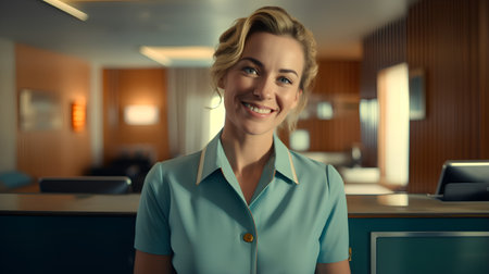 Portrait of a smiling female receptionist in a hotel lobby.の素材