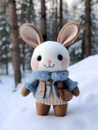 Cute plush bunny with scarf and boots in the winter forest.の素材