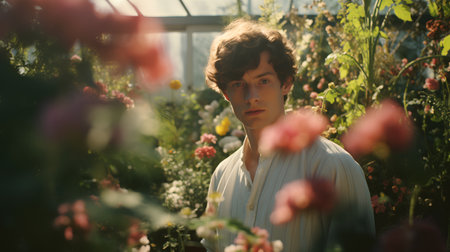 Portrait of a young man in a greenhouse with flowers. Summer.の素材