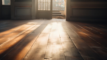 Wooden floor in the room with sunlight through the window, vintage toneの素材