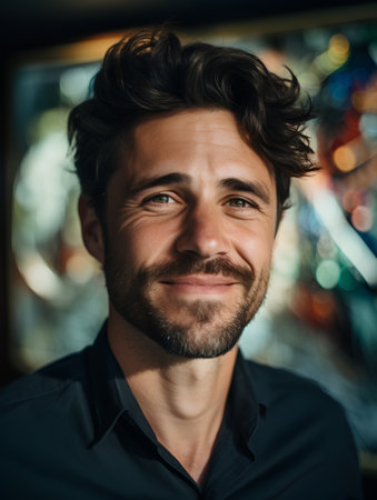 Portrait of handsome bearded man looking at camera and smiling in cafeの素材