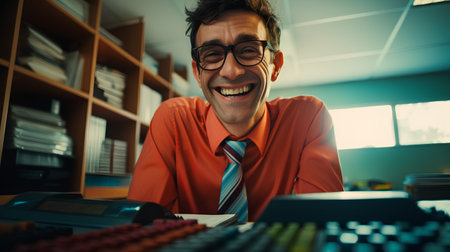 Portrait of a handsome young businessman working in the office. He is using a calculator and smilingの素材