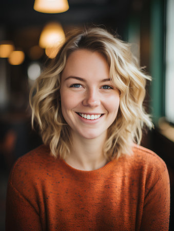 Portrait of a beautiful young woman with blond curly hair in a cafeの素材