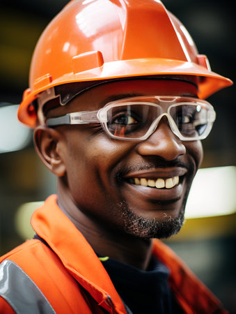 Portrait of African-american male worker in safety helmet and glasses at warehouse. Industrial background.の素材