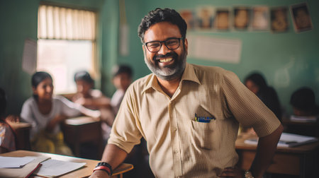 Portrait of Indian teacher in classroom. Smiling Indian teacher.の素材