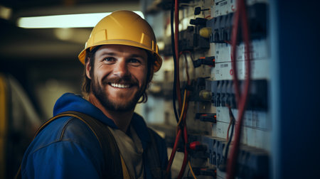 Portrait of smiling electrician in hardhat standing in fuse boxの素材