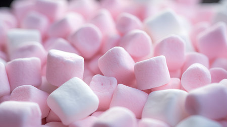 Pink and white marshmallows as background. Shallow depth of field.の素材