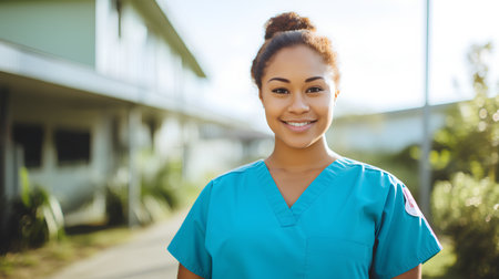 Portrait of a smiling female nurse standing in front of hospital buildingの素材
