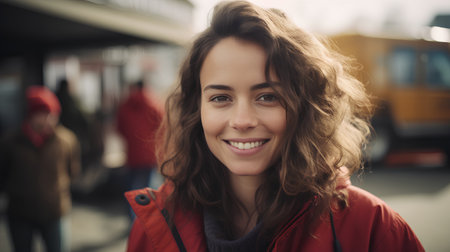 Portrait of a young woman in a red jacket smiling on a city streetの素材