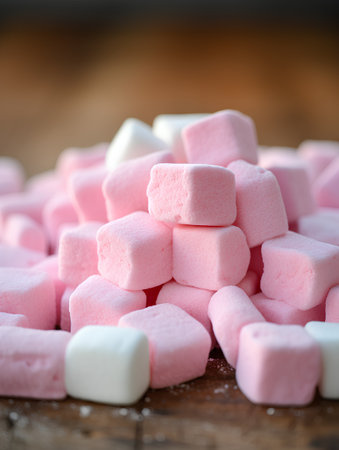 Pink and white marshmallows on a wooden background. Selective focus.の素材
