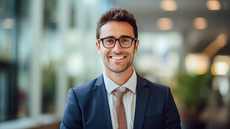 Portrait of a smiling businessman in eyeglasses at office buildingの素材