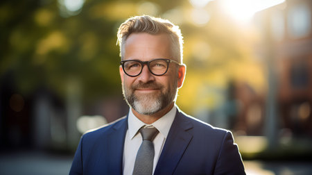 Portrait of a handsome senior businessman in a suit and glasses outdoorsの素材