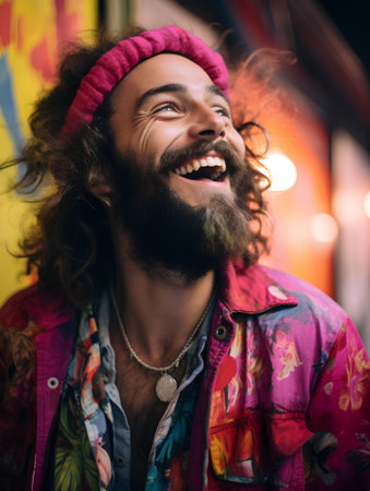 Portrait of a young hipster man with long curly hair and beard in colorful clothes.の素材