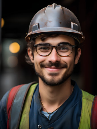 Portrait of a young construction worker with helmet and glasses smiling.の素材