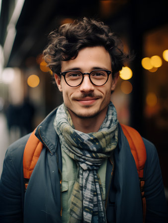 Portrait of handsome young man wearing glasses and scarf in city.の素材