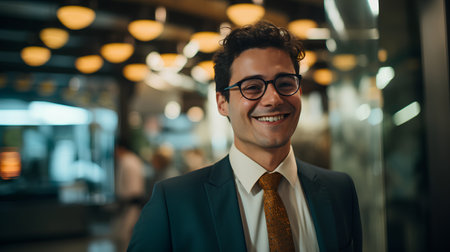 Portrait of a smiling businessman with eyeglasses in the cityの素材