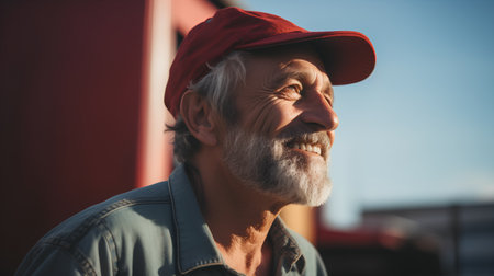 Portrait of a handsome senior man with gray beard and mustache, wearing a red baseball cap, looking away and smiling.の素材