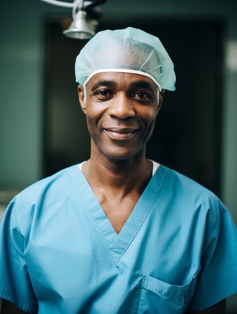 Portrait of a smiling African-American male surgeon standing in operating roomの素材