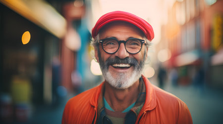 Portrait of senior man with eyeglasses in the city.の素材