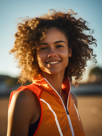 Portrait of beautiful young african american woman in sportswear smiling outdoors.の素材