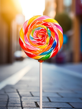 Colorful lollipop on a stick on the background of the cityの素材